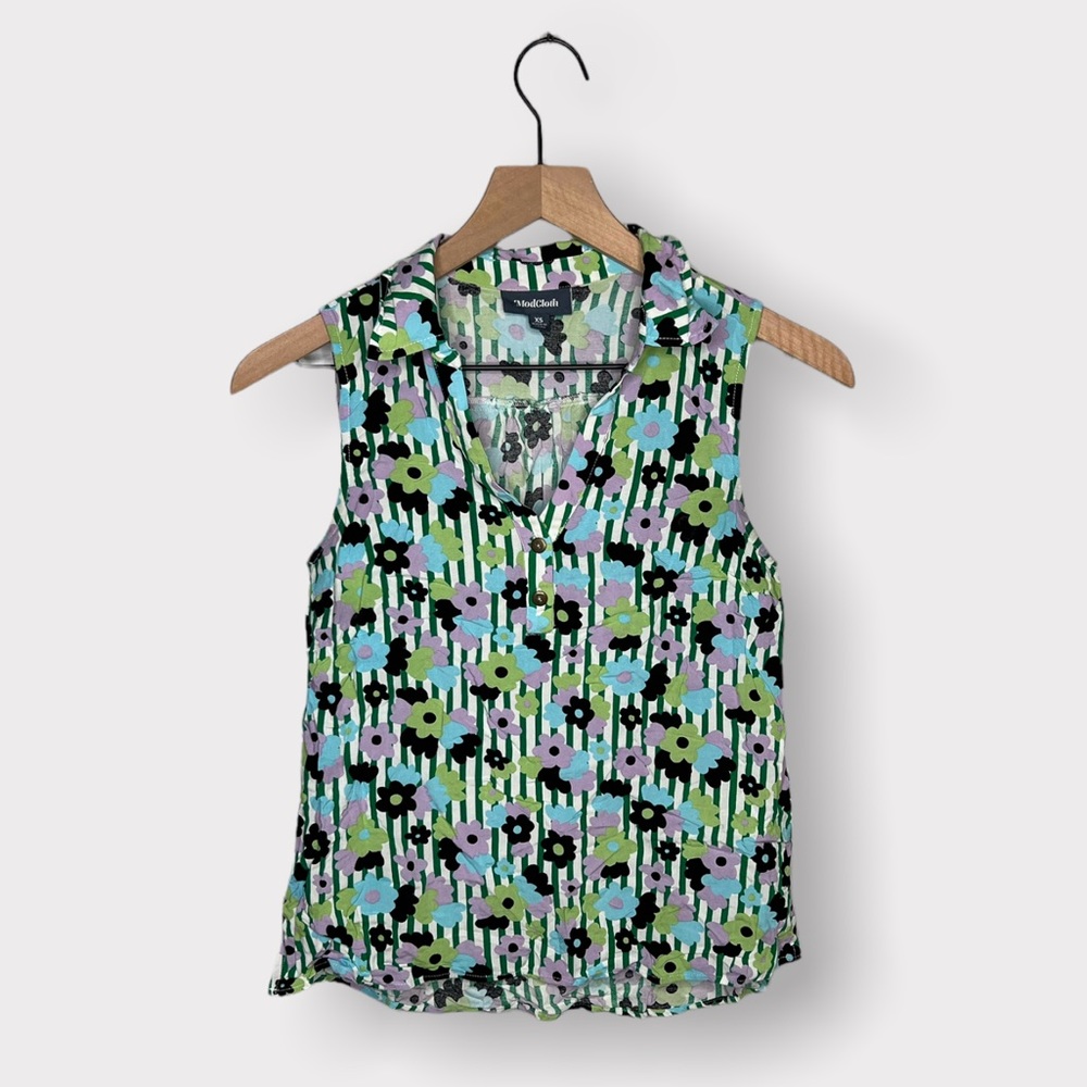 ModCloth Striped Floral Sleeveless Button Down Blouse